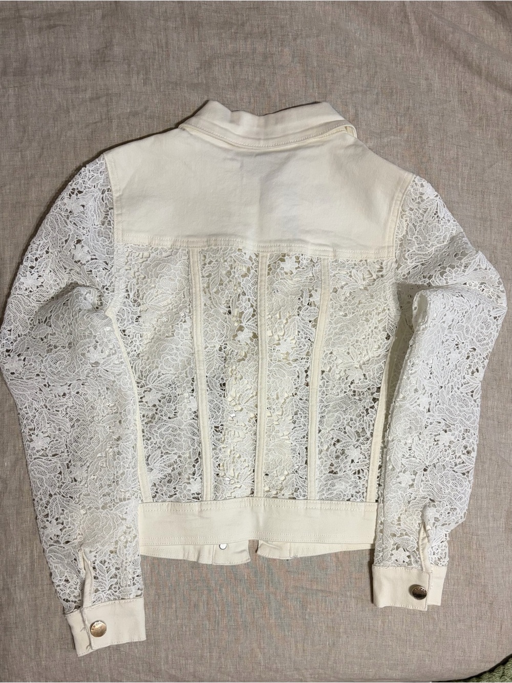 bebe White Lace-Sleeve Denim Jacket - Picture 5 of 6